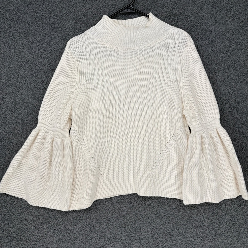 525 America Bell Sleeve Mock Neck Cotton Knit Sweater Cream White Medium